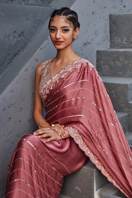 Jigar Mali_Pink Raw Silk, Satin Georgette Sequin V Neck Embroidered Saree With Blouse _Online_at_Aza_Fashions