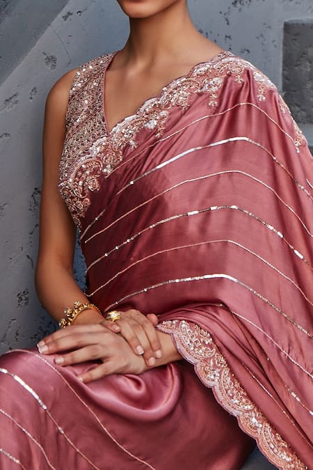 Shop_Jigar Mali_Pink Raw Silk, Satin Georgette Sequin V Neck Embroidered Saree With Blouse _Online_at_Aza_Fashions