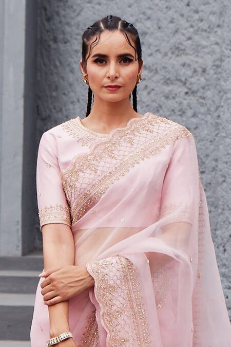 Buy_Jigar Mali_Pink Chanderi Embroidery Aari Jewel Neck Saree With Blouse _Online_at_Aza_Fashions