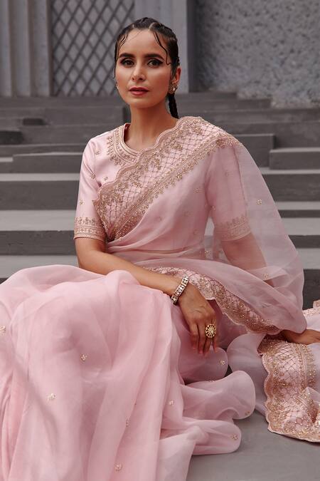 Shop_Jigar Mali_Pink Chanderi Embroidery Aari Jewel Neck Saree With Blouse _Online_at_Aza_Fashions