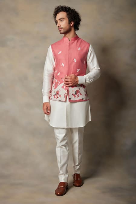 Gargee Designers Pink Moonga Silk Embroidered Applique Bird Bundi And Kurta Set 