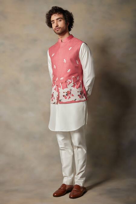 Gargee Designers_Pink Cotton , Moonga Applique Bird Bundi And Kurta Set _Online_at_Aza_Fashions