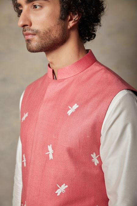 Gargee Designers_Pink Cotton , Moonga Applique Bird Bundi And Kurta Set _at_Aza_Fashions