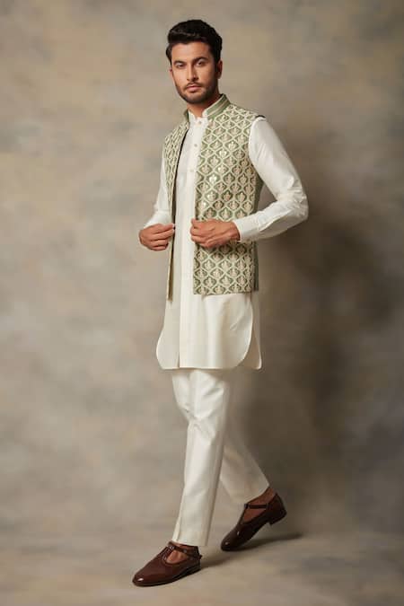 Gargee Designers_Green Cotton , Moonga Applique Floral Bundi And Kurta Set _Online_at_Aza_Fashions