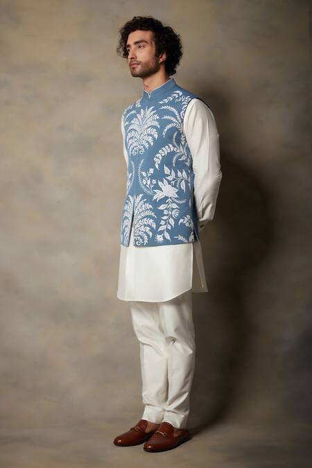 Gargee Designers_Blue Cotton Silk, Polyester Viscose Applique Floral Bundi And Kurta Set_Online_at_Aza_Fashions