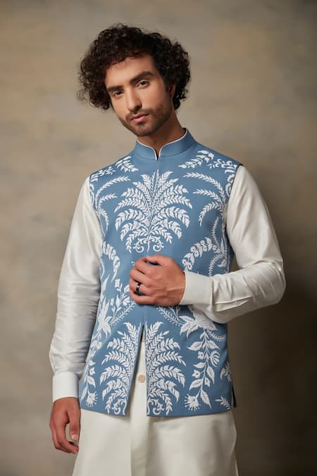 Buy_Gargee Designers_Blue Cotton Silk, Polyester Viscose Applique Floral Bundi And Kurta Set_Online_at_Aza_Fashions