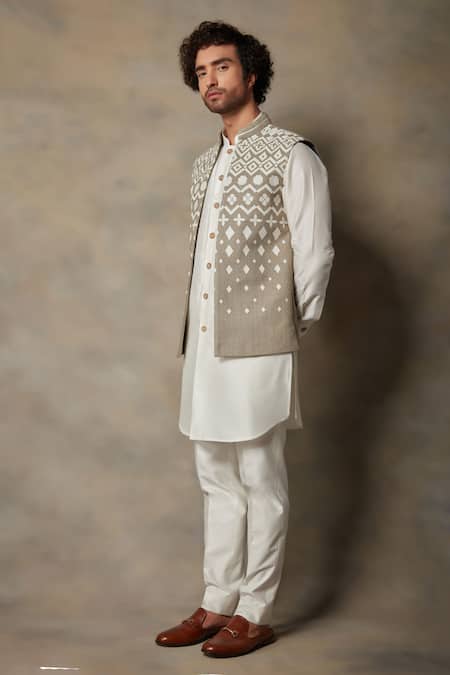 Gargee Designers_Beige Cotton , Matka Applique Work Bundi And Kurta Set _Online_at_Aza_Fashions
