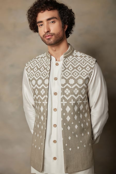 Shop_Gargee Designers_Beige Cotton , Matka Applique Work Bundi And Kurta Set _Online_at_Aza_Fashions