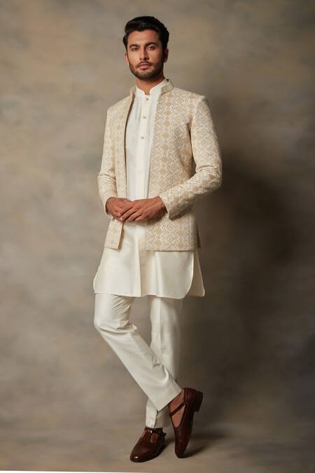 Gargee Designers_Beige Cotton Silk, Rayon Geometric Embroidered Bandhgala And Kurta Set_Online_at_Aza_Fashions