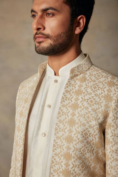 Gargee Designers_Beige Cotton Silk, Rayon Geometric Embroidered Bandhgala And Kurta Set_at_Aza_Fashions