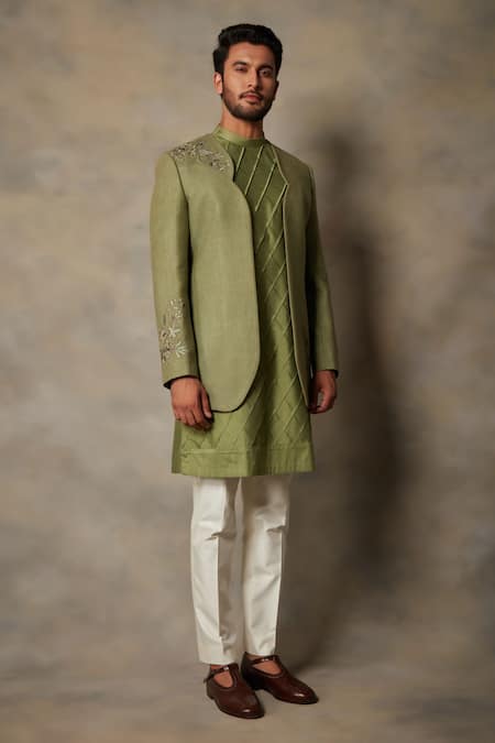Gargee Designers_Green Cotton , Matka Floral Bandhgala And Pleated Kurta Set _Online_at_Aza_Fashions