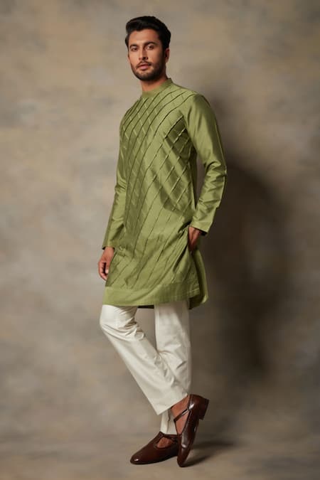 Buy_Gargee Designers_Green Cotton , Matka Floral Bandhgala And Pleated Kurta Set _Online_at_Aza_Fashions