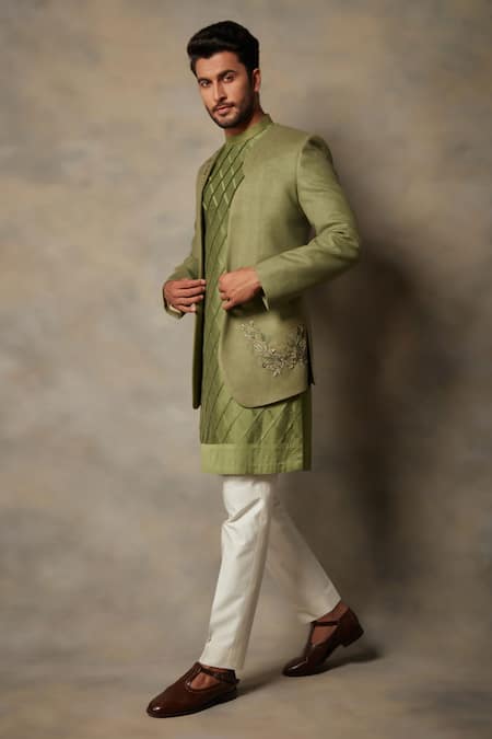 Shop_Gargee Designers_Green Cotton , Matka Floral Bandhgala And Pleated Kurta Set _Online_at_Aza_Fashions
