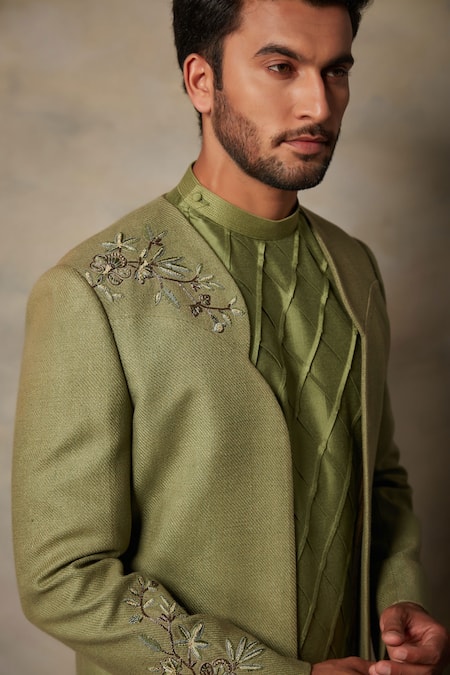 Gargee Designers_Green Cotton , Matka Floral Bandhgala And Pleated Kurta Set _at_Aza_Fashions