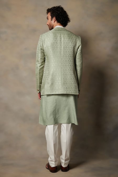 Shop_Gargee Designers_Green Cotton Silk, Structured Polyester Textured Front Open Bandhgala Set _at_Aza_Fashions