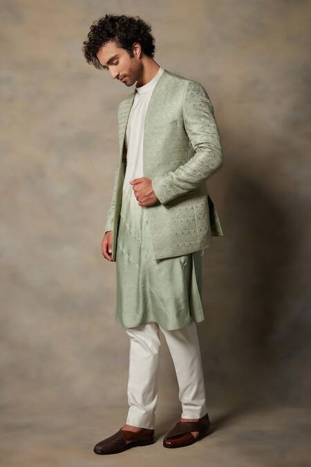Gargee Designers_Green Cotton Silk, Structured Polyester Textured Front Open Bandhgala Set _Online_at_Aza_Fashions