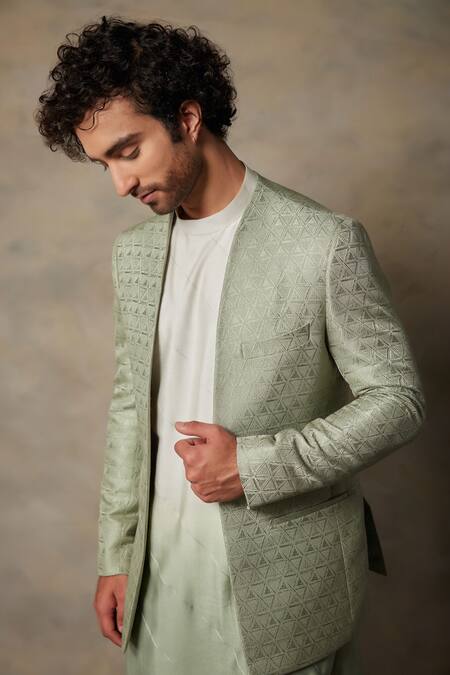 Buy_Gargee Designers_Green Cotton Silk, Structured Polyester Textured Front Open Bandhgala Set _Online_at_Aza_Fashions
