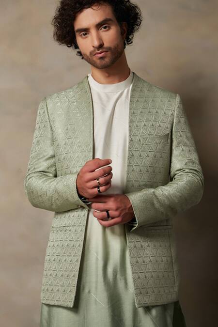 Shop_Gargee Designers_Green Cotton Silk, Structured Polyester Textured Front Open Bandhgala Set _Online_at_Aza_Fashions