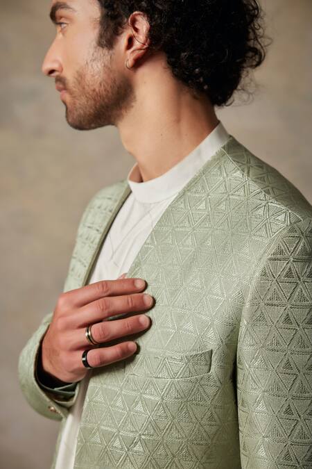 Gargee Designers_Green Cotton Silk, Structured Polyester Textured Front Open Bandhgala Set _at_Aza_Fashions