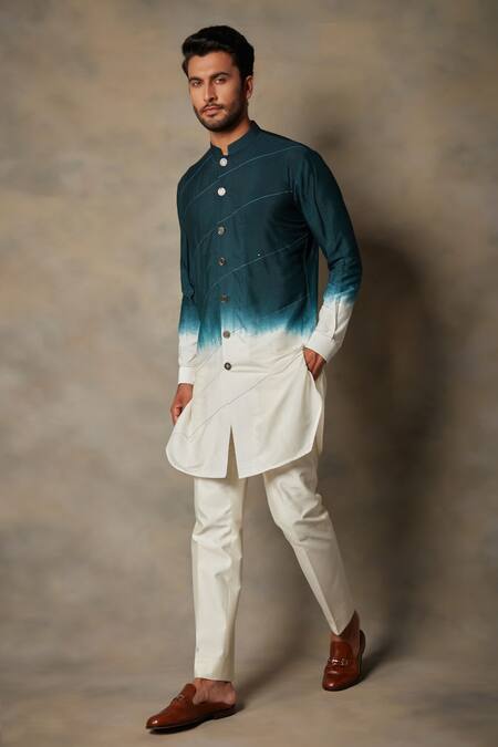 Gargee Designers_Blue Cotton Silk Paisley Embroidered Bandhgala And Kurta Set _Online_at_Aza_Fashions