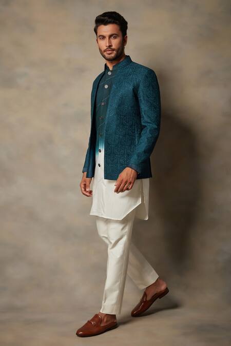 Buy_Gargee Designers_Blue Cotton Silk Paisley Embroidered Bandhgala And Kurta Set _Online_at_Aza_Fashions