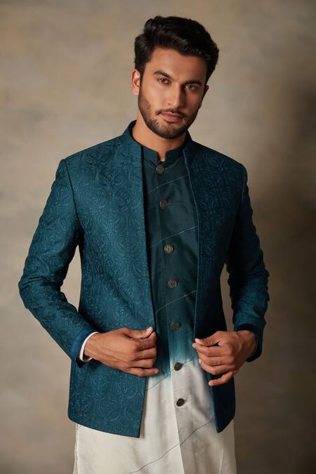 Shop_Gargee Designers_Blue Cotton Silk Paisley Embroidered Bandhgala And Kurta Set _Online_at_Aza_Fashions
