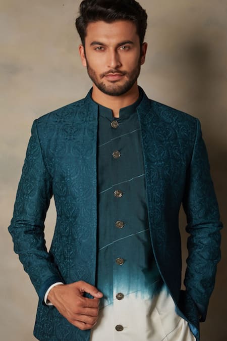 Gargee Designers_Blue Cotton Silk Paisley Embroidered Bandhgala And Kurta Set _at_Aza_Fashions