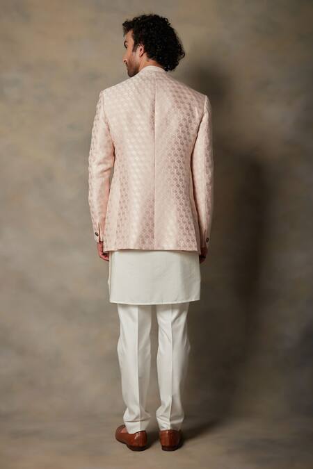 Shop_Gargee Designers_Peach Cotton Silk, Structured Polyester Textured Front Open Bandhgala Set _at_Aza_Fashions