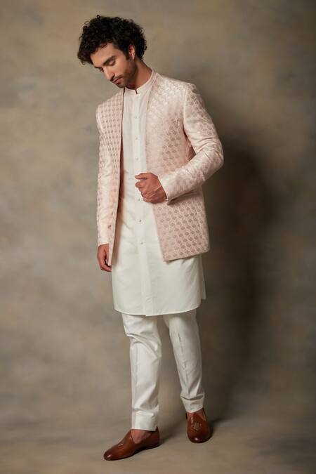 Gargee Designers_Peach Cotton Silk, Structured Polyester Textured Front Open Bandhgala Set _Online_at_Aza_Fashions