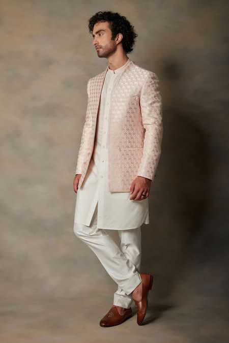 Buy_Gargee Designers_Peach Cotton Silk, Structured Polyester Textured Front Open Bandhgala Set _Online_at_Aza_Fashions