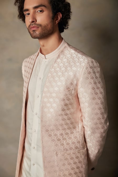 Shop_Gargee Designers_Peach Cotton Silk, Structured Polyester Textured Front Open Bandhgala Set _Online_at_Aza_Fashions