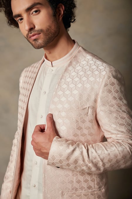 Gargee Designers_Peach Cotton Silk, Structured Polyester Textured Front Open Bandhgala Set _at_Aza_Fashions