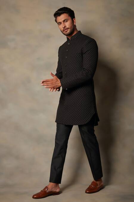 Gargee Designers_Black Cotton Silk, Polyester Viscose Jacquard Textured Sherwani Set _Online_at_Aza_Fashions