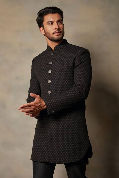 Buy_Gargee Designers_Black Cotton Silk, Polyester Viscose Jacquard Textured Sherwani Set _Online_at_Aza_Fashions