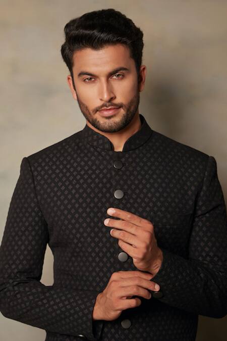 Shop_Gargee Designers_Black Cotton Silk, Polyester Viscose Jacquard Textured Sherwani Set _Online_at_Aza_Fashions