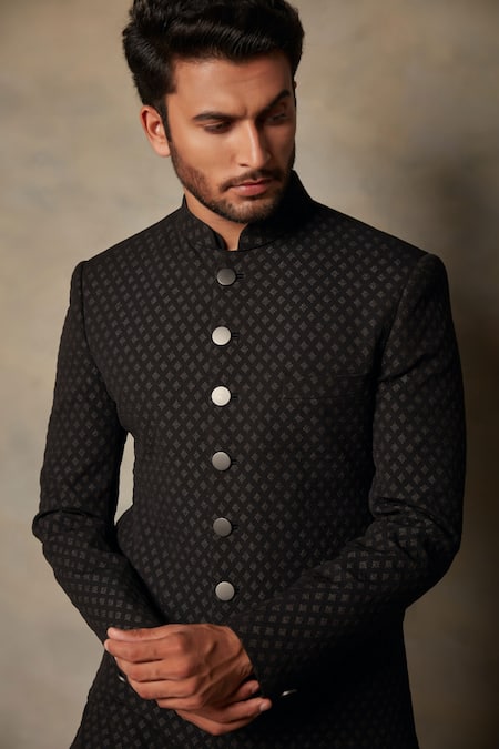 Gargee Designers_Black Cotton Silk, Polyester Viscose Jacquard Textured Sherwani Set _at_Aza_Fashions