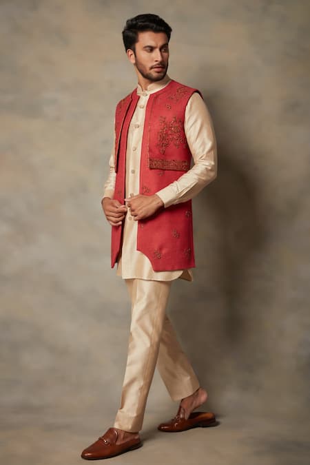 Gargee Designers_Beige Cotton , Matka Floral Embroidered Bundi And Kurta Set _Online_at_Aza_Fashions