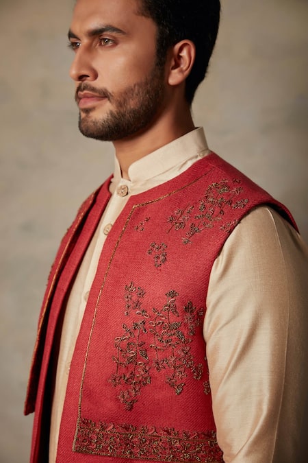 Buy_Gargee Designers_Beige Cotton , Matka Floral Embroidered Bundi And Kurta Set _Online_at_Aza_Fashions