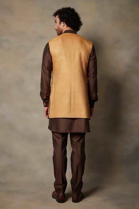 Shop_Gargee Designers_Gold Cotton Silk Floral Embroidered Bundi And Kurta Set _at_Aza_Fashions