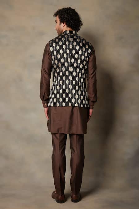 Shop_Gargee Designers_Black Linen, Cotton Silk Geometric Embroidered Bundi And Kurta Set _at_Aza_Fashions