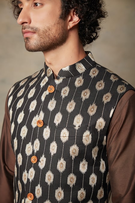 Shop_Gargee Designers_Black Linen, Cotton Silk Geometric Embroidered Bundi And Kurta Set _Online_at_Aza_Fashions
