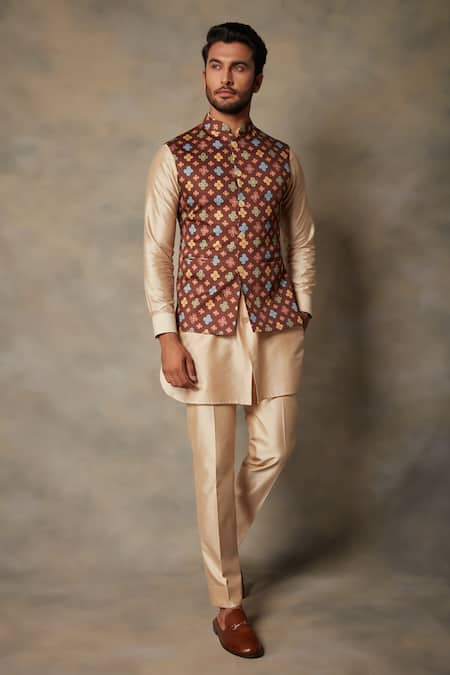 Gargee Designers_Multi Color Satin, Silk Floral Print Bundi And Kurta Set _Online_at_Aza_Fashions