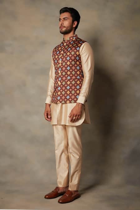 Buy_Gargee Designers_Multi Color Satin, Silk Floral Print Bundi And Kurta Set _Online_at_Aza_Fashions