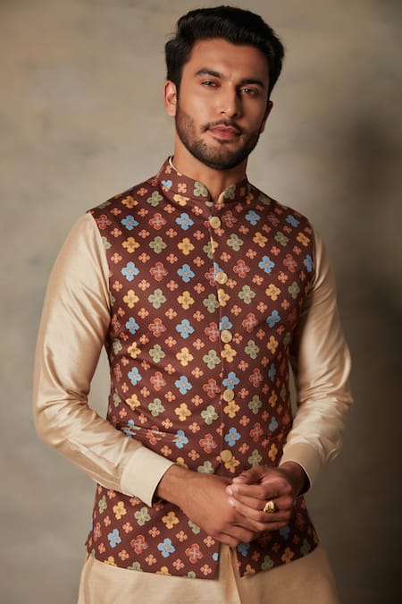 Shop_Gargee Designers_Multi Color Satin, Silk Floral Print Bundi And Kurta Set _Online_at_Aza_Fashions