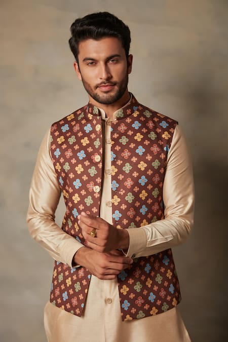 Gargee Designers_Multi Color Satin, Silk Floral Print Bundi And Kurta Set _at_Aza_Fashions