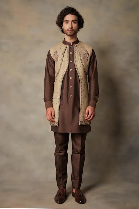 Gargee Designers_Gold Cotton , Matka Floral Embroidered Bundi And Kurta Set _Online_at_Aza_Fashions