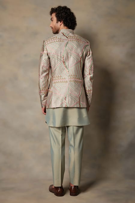 Shop_Gargee Designers_Multi Color Polyester, Cotton Silk Abstract, Embroidered Bandhgala And Kurta Set _at_Aza_Fashions