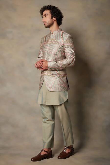 Gargee Designers_Multi Color Polyester, Cotton Silk Abstract, Embroidered Bandhgala And Kurta Set _Online_at_Aza_Fashions