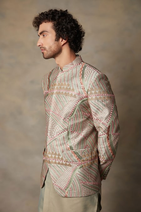 Buy_Gargee Designers_Multi Color Polyester, Cotton Silk Abstract, Embroidered Bandhgala And Kurta Set _Online_at_Aza_Fashions
