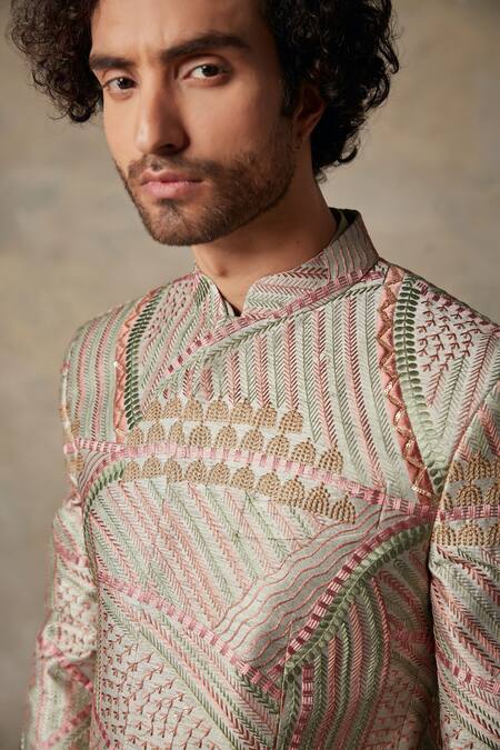Gargee Designers_Multi Color Polyester, Cotton Silk Abstract, Embroidered Bandhgala And Kurta Set _at_Aza_Fashions
